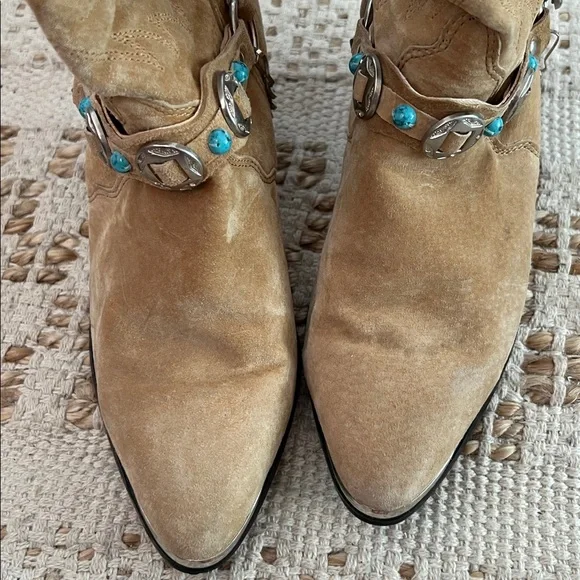 Dingo Tan Suede Western Tan Beaded Booties Size 7 Leather Upper - Picture 5 of 8